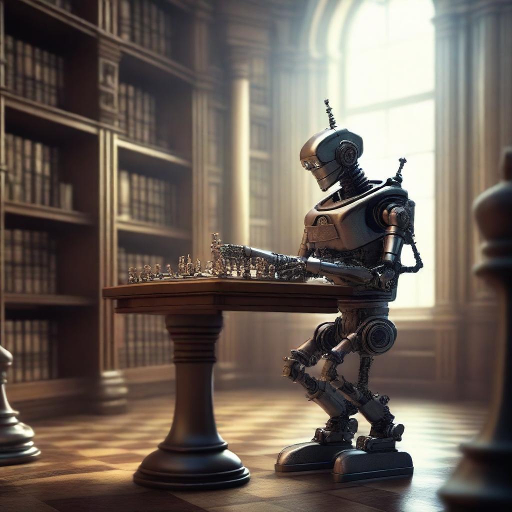 A high-quality digital art image showcasing a single robot, crafted with intricate futuristic and steampunk details, in the midst of a winning move in a chess game