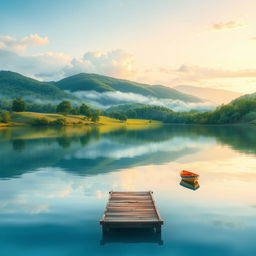 A serene lakeside scene for a book cover, featuring a calm, reflective lake surrounded by lush green trees and soft, rolling hills