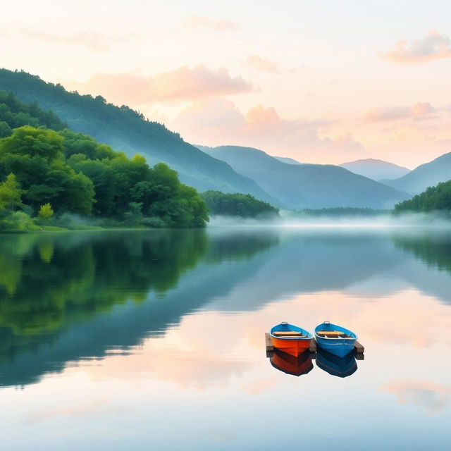 A serene lakeside scene for a book cover, featuring a calm, reflective lake surrounded by lush green trees and soft, rolling hills