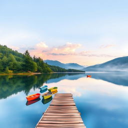 A serene lakeside scene for a book cover, featuring a calm, reflective lake surrounded by lush green trees and soft, rolling hills