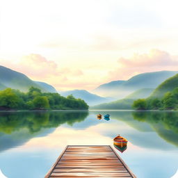A serene lakeside scene for a book cover, featuring a calm, reflective lake surrounded by lush green trees and soft, rolling hills