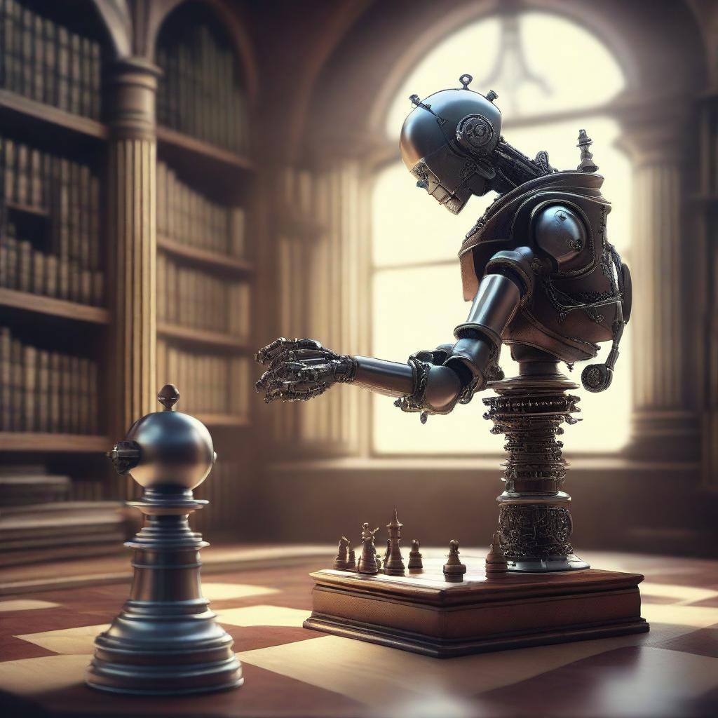 A high-quality digital art image showcasing a single robot, crafted with intricate futuristic and steampunk details, in the midst of a winning move in a chess game