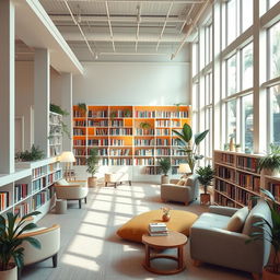 A beautifully designed library space that promotes relaxation and stress reduction, featuring soft pastel colors, cozy reading nooks with plush seating, warm ambient lighting, large windows allowing natural light to flood in, shelves filled with a diverse collection of books, plants providing a touch of nature, and a serene atmosphere