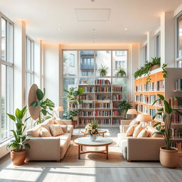 A beautifully designed library space that promotes relaxation and stress reduction, featuring soft pastel colors, cozy reading nooks with plush seating, warm ambient lighting, large windows allowing natural light to flood in, shelves filled with a diverse collection of books, plants providing a touch of nature, and a serene atmosphere