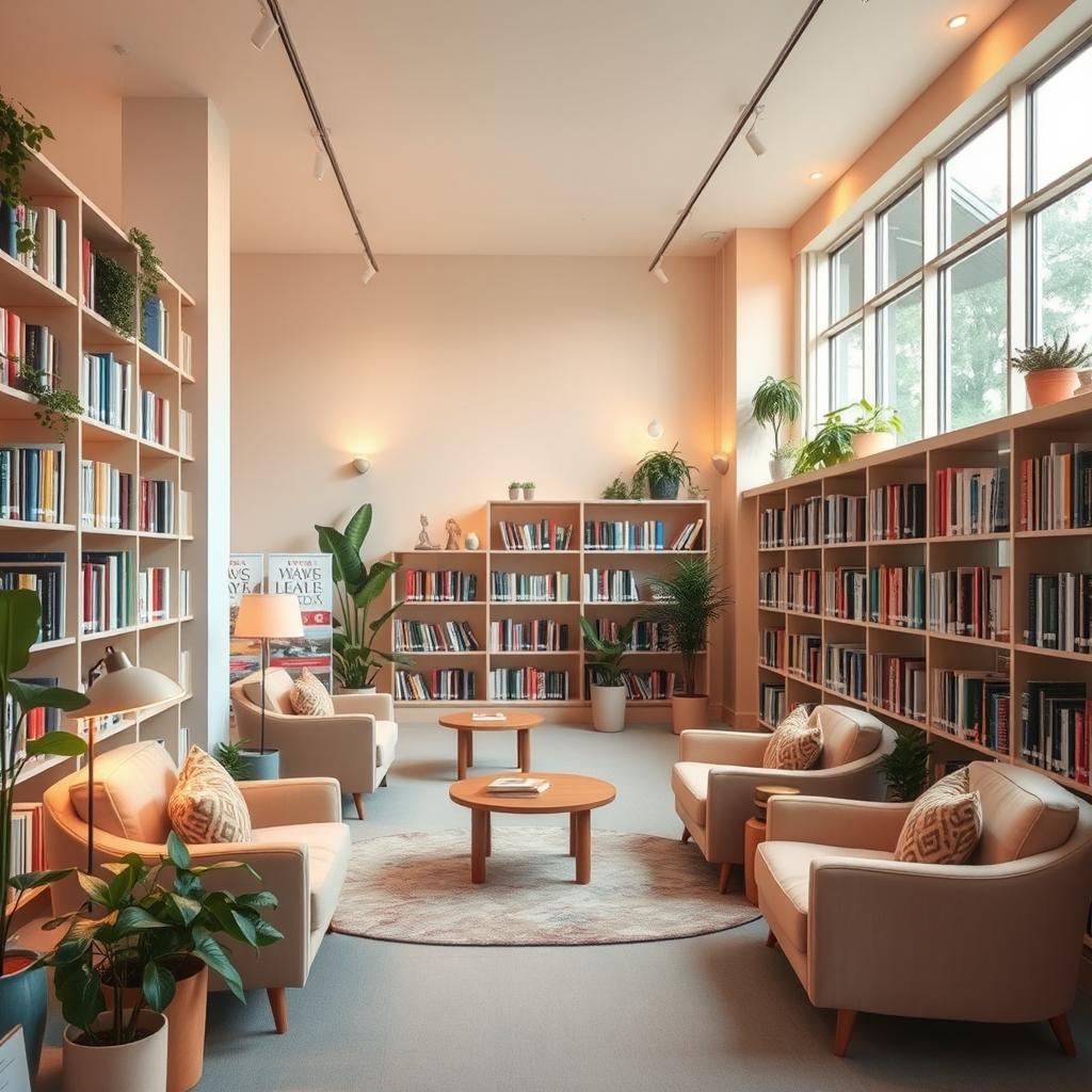 A beautifully designed library space that promotes relaxation and stress reduction, featuring soft pastel colors, cozy reading nooks with plush seating, warm ambient lighting, large windows allowing natural light to flood in, shelves filled with a diverse collection of books, plants providing a touch of nature, and a serene atmosphere