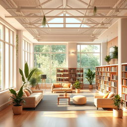 A beautifully designed library space that promotes relaxation and stress reduction, featuring soft pastel colors, cozy reading nooks with plush seating, warm ambient lighting, large windows allowing natural light to flood in, shelves filled with a diverse collection of books, plants providing a touch of nature, and a serene atmosphere