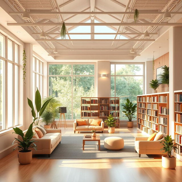 A beautifully designed library space that promotes relaxation and stress reduction, featuring soft pastel colors, cozy reading nooks with plush seating, warm ambient lighting, large windows allowing natural light to flood in, shelves filled with a diverse collection of books, plants providing a touch of nature, and a serene atmosphere