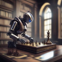 A high-quality digital art image showcasing a single robot, crafted with intricate futuristic and steampunk details, in the midst of a winning move in a chess game