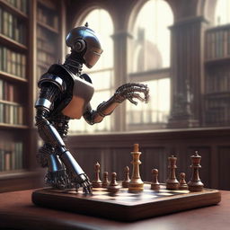 A high-quality digital art image showcasing a single robot, crafted with intricate futuristic and steampunk details, in the midst of a winning move in a chess game