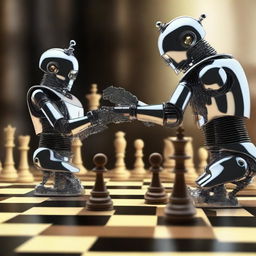 This is a high-resolution digital art image that presents a single robot, detailed with futuristic and steampunk elements, executing a winning move in a chess game