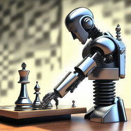 This is a high-resolution digital art image that presents a single robot, detailed with futuristic and steampunk elements, executing a winning move in a chess game