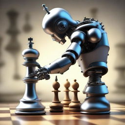 This is a high-resolution digital art image that presents a single robot, detailed with futuristic and steampunk elements, executing a winning move in a chess game