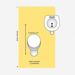 A 2D illustration of an accessible bathroom layout, clearly depicting ADA (Americans with Disabilities Act) compliant features