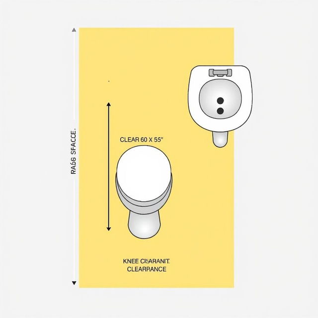 A 2D illustration of an accessible bathroom layout, clearly depicting ADA (Americans with Disabilities Act) compliant features