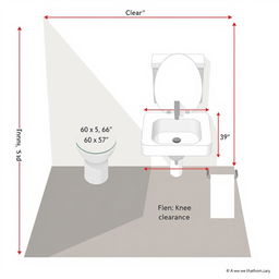 A 2D illustration of an accessible bathroom layout, clearly depicting ADA (Americans with Disabilities Act) compliant features