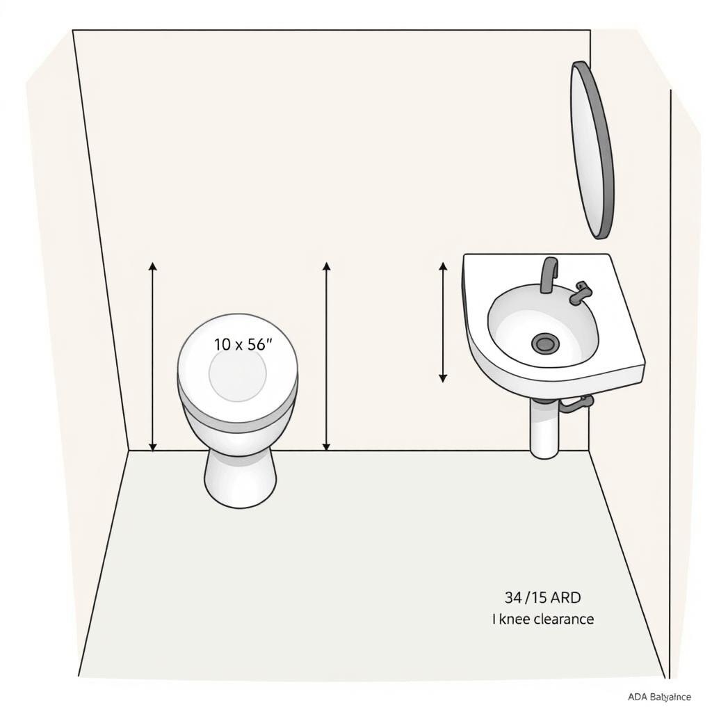A 2D illustration of an accessible bathroom layout, clearly depicting ADA (Americans with Disabilities Act) compliant features