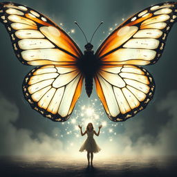 A large, central butterfly symbolizing the conflict of Thorine with her Gift, fractured or composed of light and shadow