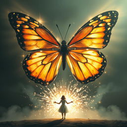 A large, central butterfly symbolizing the conflict of Thorine with her Gift, fractured or composed of light and shadow