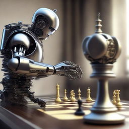 This is a high-resolution digital art image that presents a single robot, detailed with futuristic and steampunk elements, executing a winning move in a chess game