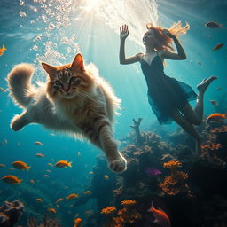A vibrant and lively underwater scene filled with colorful corals and fish, primarily showcasing a majestic tall cat swimming gracefully beside a woman