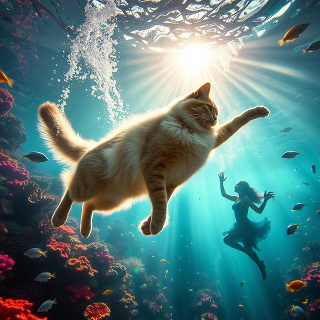 A vibrant and lively underwater scene filled with colorful corals and fish, primarily showcasing a majestic tall cat swimming gracefully beside a woman