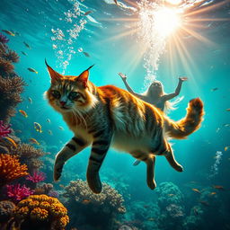 A vibrant and lively underwater scene filled with colorful corals and fish, primarily showcasing a majestic tall cat swimming gracefully beside a woman