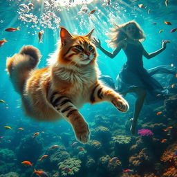A vibrant and lively underwater scene filled with colorful corals and fish, primarily showcasing a majestic tall cat swimming gracefully beside a woman