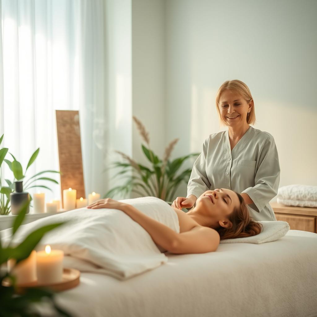 A tranquil spa scene showcasing a calming therapist giving a soothing treatment to a client in a serene environment