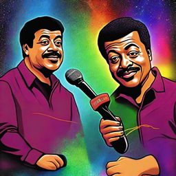 A revised digital art piece now featuring not only Neil DeGrasse Tyson, but also Joe Rogan, both venturing beyond the observable universe