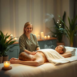 A tranquil spa scene showcasing a calming therapist giving a soothing treatment to a client in a serene environment