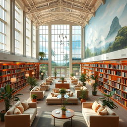 A large and beautiful public library designed to reduce stress, featuring soft, calming colors