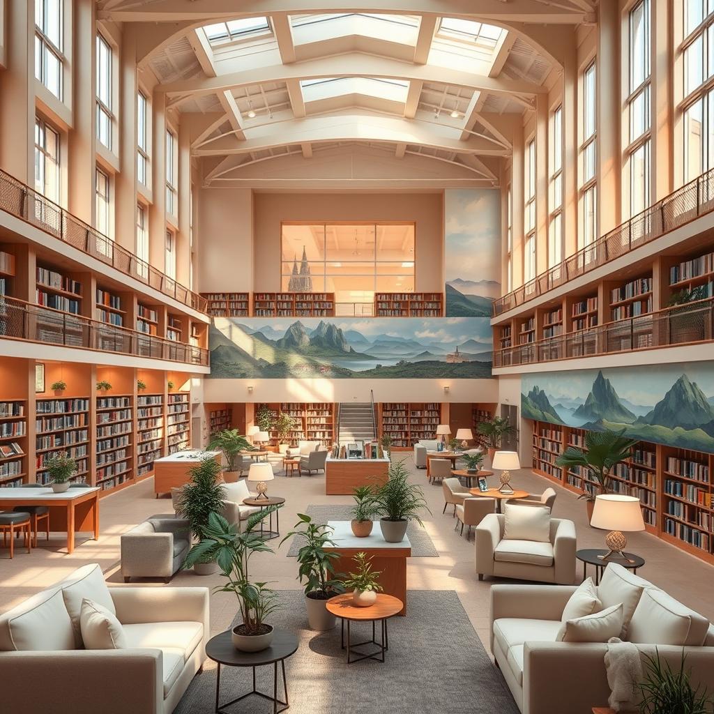 A large and beautiful public library designed to reduce stress, featuring soft, calming colors