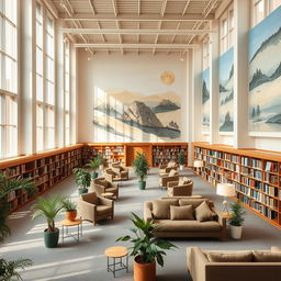 A large and beautiful public library designed to reduce stress, featuring soft, calming colors