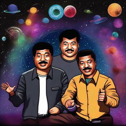 A revised digital art piece now featuring not only Neil DeGrasse Tyson, but also Joe Rogan, both venturing beyond the observable universe