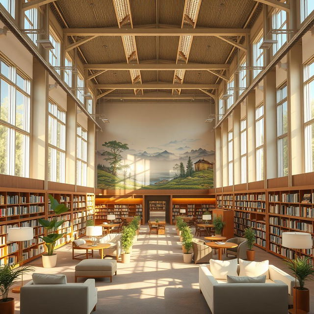 A large and beautiful public library designed to reduce stress, featuring soft, calming colors