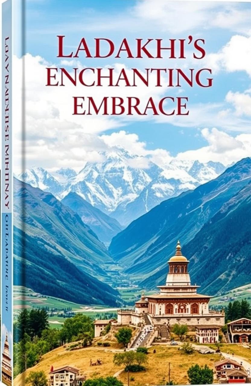 A stunning book cover design featuring the majestic Himalayas of Ladakh, showcasing its breathtaking mountains, vibrant landscapes, and unique cultural elements