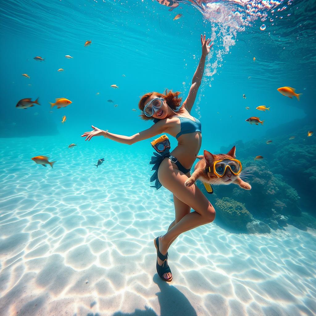 A young woman gracefully dancing underwater, surrounded by shimmering bubbles and colorful fish