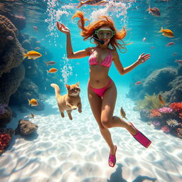 A young woman gracefully dancing underwater, surrounded by shimmering bubbles and colorful fish