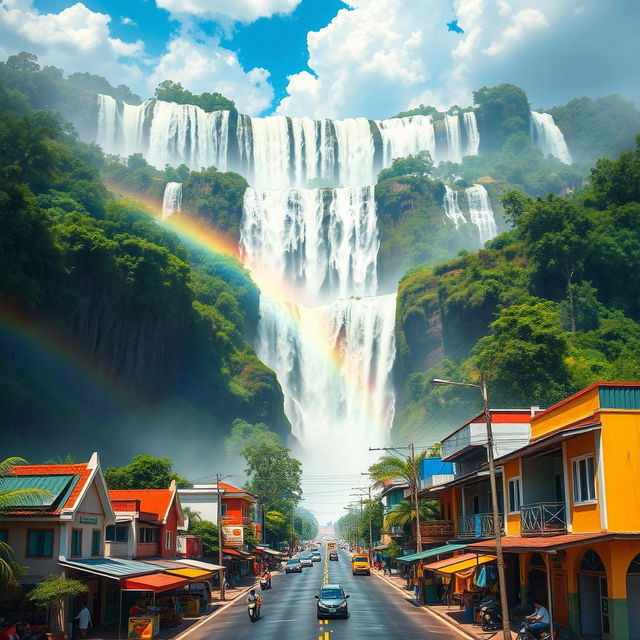 A stunning digital painting merging the breathtaking Iguazu Falls with the vibrant Frei Serafim Avenue in Teresina, Piauí