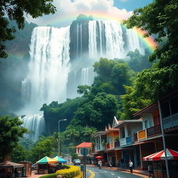 A stunning digital painting merging the breathtaking Iguazu Falls with the vibrant Frei Serafim Avenue in Teresina, Piauí