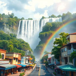 A stunning digital painting merging the breathtaking Iguazu Falls with the vibrant Frei Serafim Avenue in Teresina, Piauí