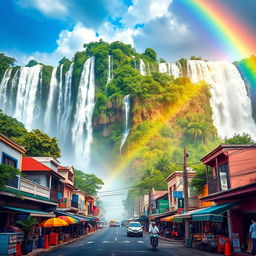 A stunning digital painting merging the breathtaking Iguazu Falls with the vibrant Frei Serafim Avenue in Teresina, Piauí