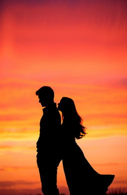 A silhouette of a man and a woman facing each other, set against a vibrant sunset background