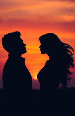 A silhouette of a man and a woman facing each other, set against a vibrant sunset background