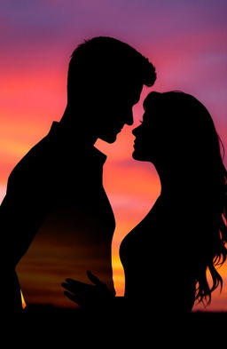 A silhouette of a man and a woman facing each other, set against a vibrant sunset background