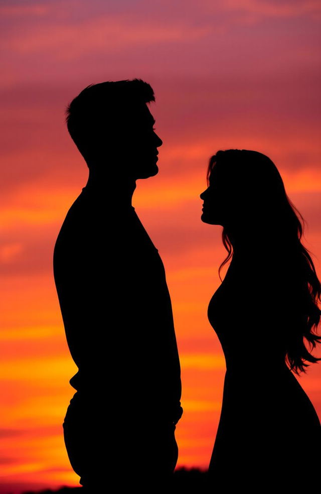 A silhouette of a man and a woman facing each other, set against a vibrant sunset background