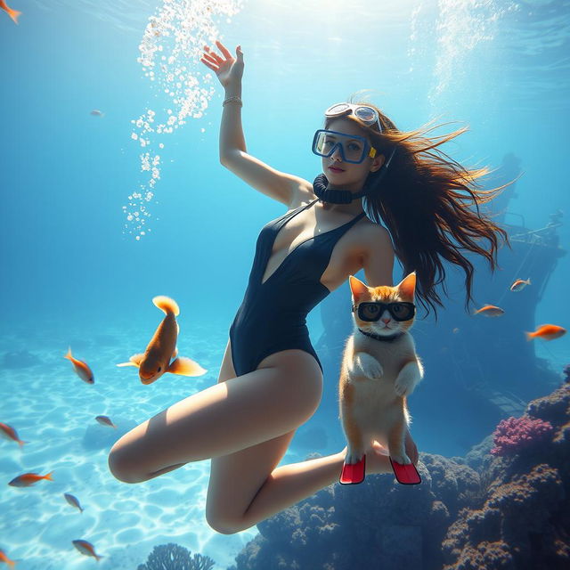 A young woman gracefully dancing underwater, surrounded by shimmering bubbles and colorful fish