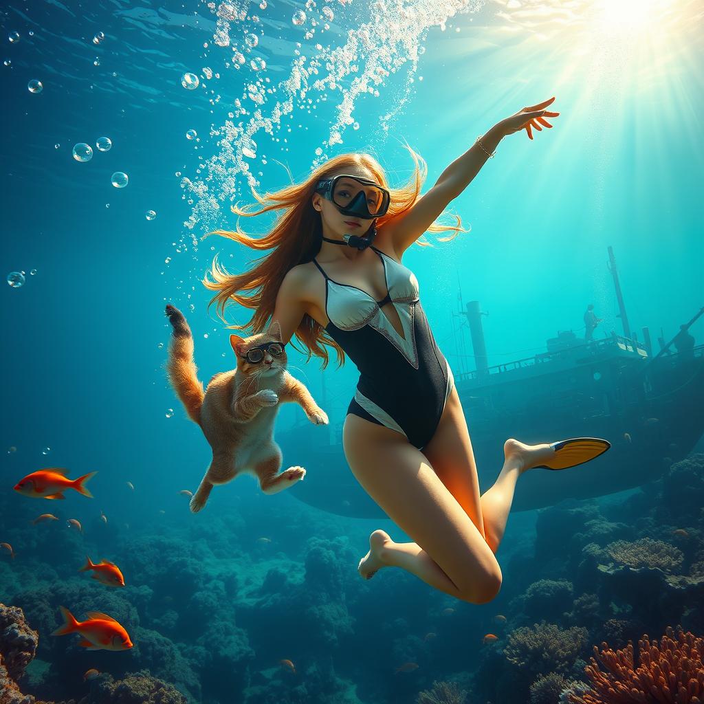 A young woman gracefully dancing underwater, surrounded by shimmering bubbles and colorful fish