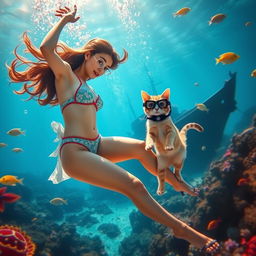 A young woman gracefully dancing underwater, surrounded by shimmering bubbles and colorful fish