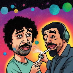 A further revised digital art piece where Joe Rogan is now holding a cartoonishly depicted joint, adding a humorous touch to the cosmic podcast session with Neil DeGrasse Tyson beyond the observable universe